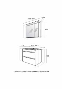 Комплект шкафове за баня Ема размери
